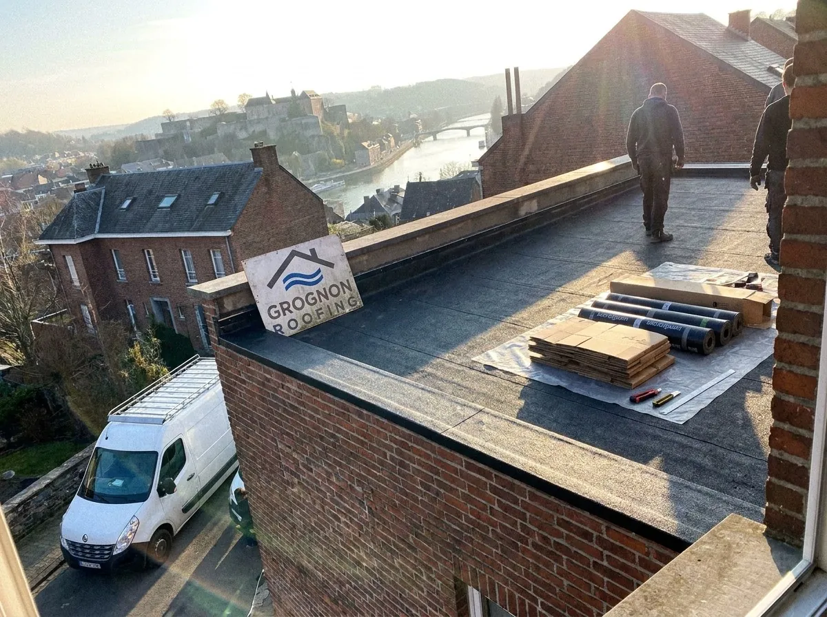 Toit plat en roofing terminé par Grognon Roofing sur une maison de briques des hauteurs de Namur, panneau de l'entreprise sur l'acrotère, Citadelle et Meuse au loin